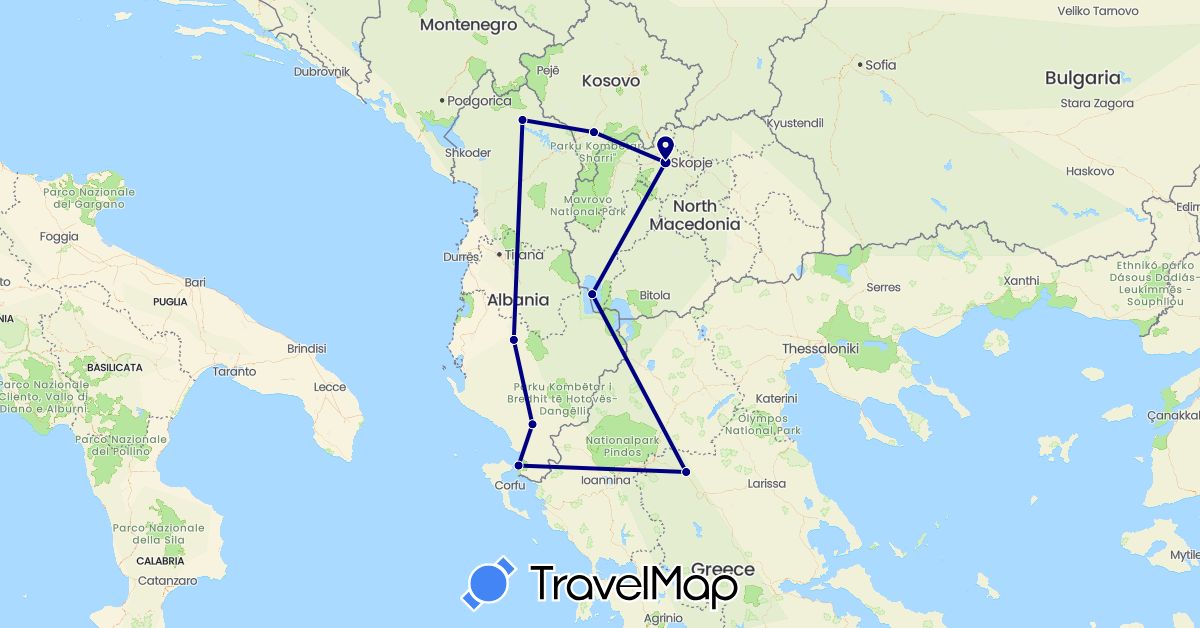 TravelMap itinerary: driving in Albania, Greece, Macedonia, Kosovo (Europe)
